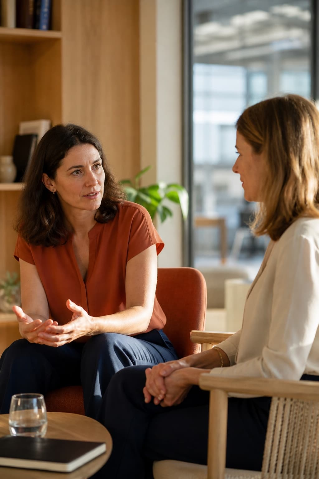 Deux collaboratrices échangent dans un bureau chaleureux